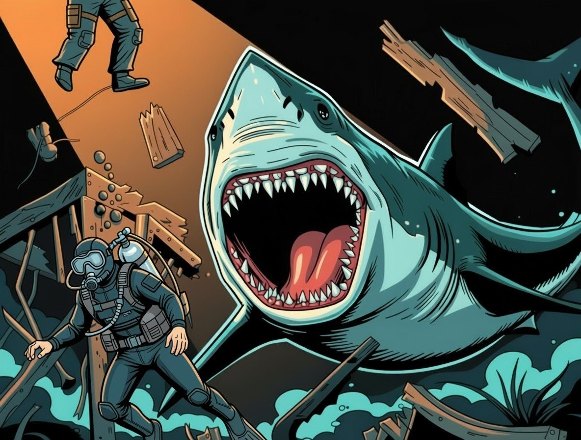 how to improve drawings using AI turning sketches into digital art with AI AI art workflow for comic artists horror illustration shark attack scene underwater monster art inspiration repurposing old artwork with AI tools